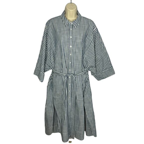 Free People Jess Oversized Shirt Dress Striped Blue Button Front Tie Women's XS - Picture 2 of 15